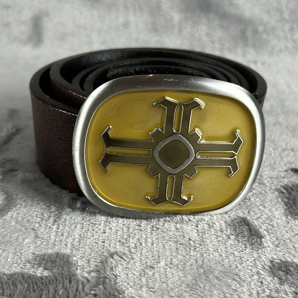 NEXT Brown Leather‎ Belt Oval Cross Silver Tone Medium 32-35